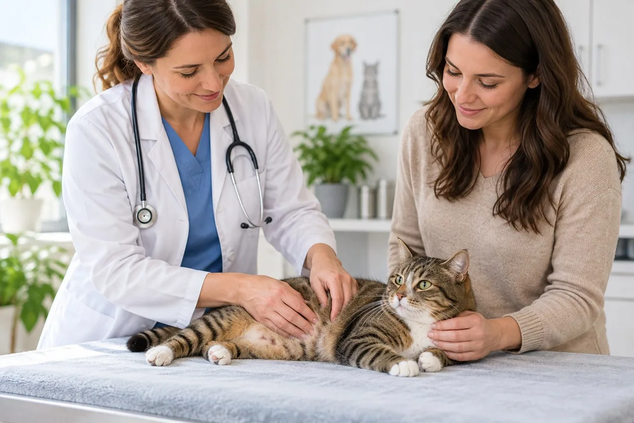 Veterinarian examining a cat with its owner beside the examination table