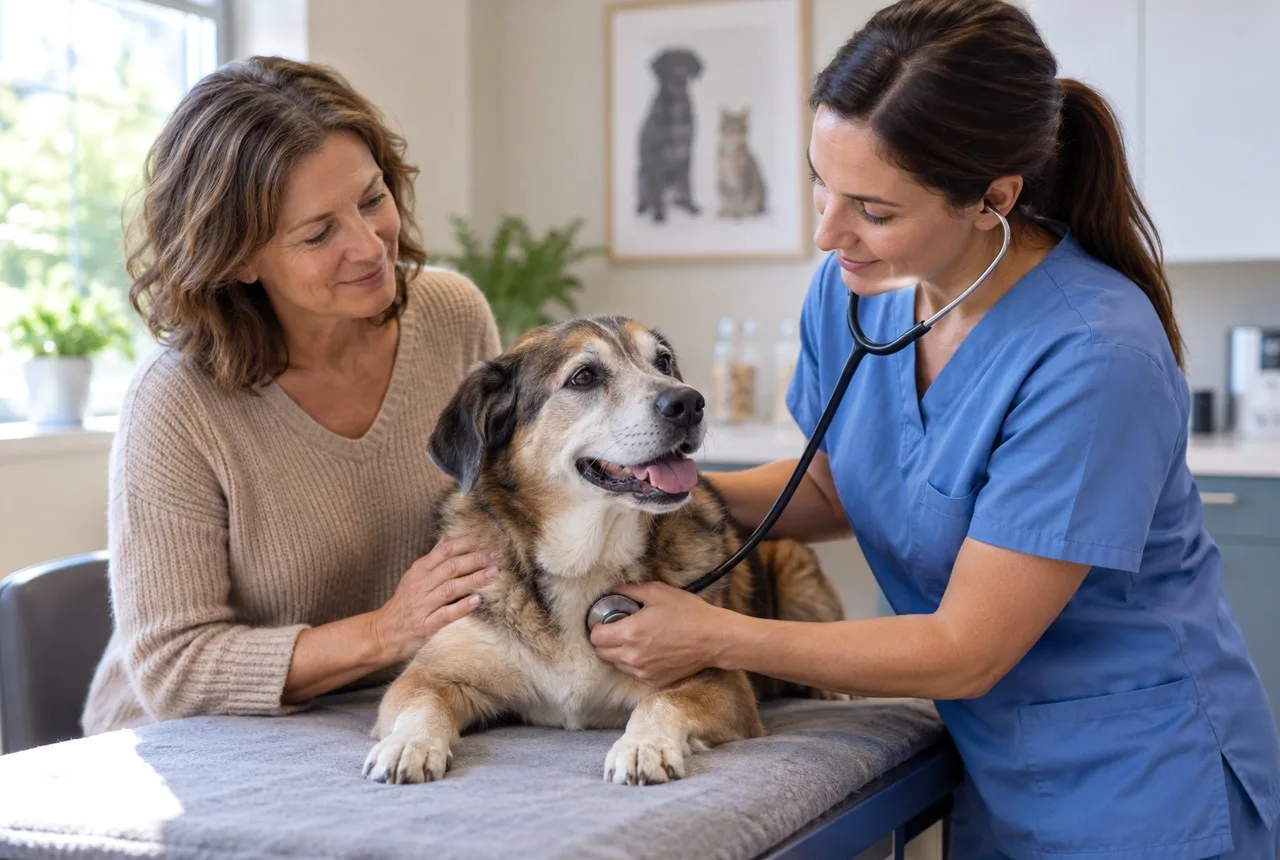 Veterinarian examining an older-looking dog while its owner sits beside it